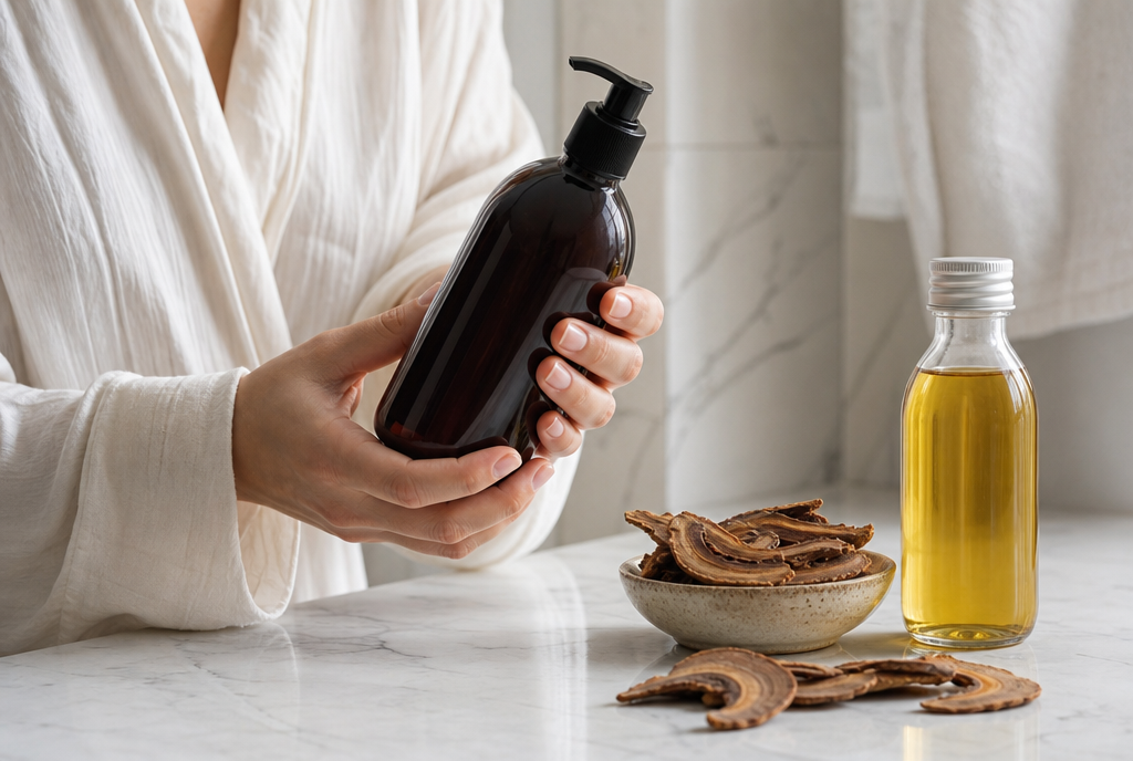 Mains tenant un flacon de shampoing colorant sans ammoniaque à côté de reishi et d'huile végétale