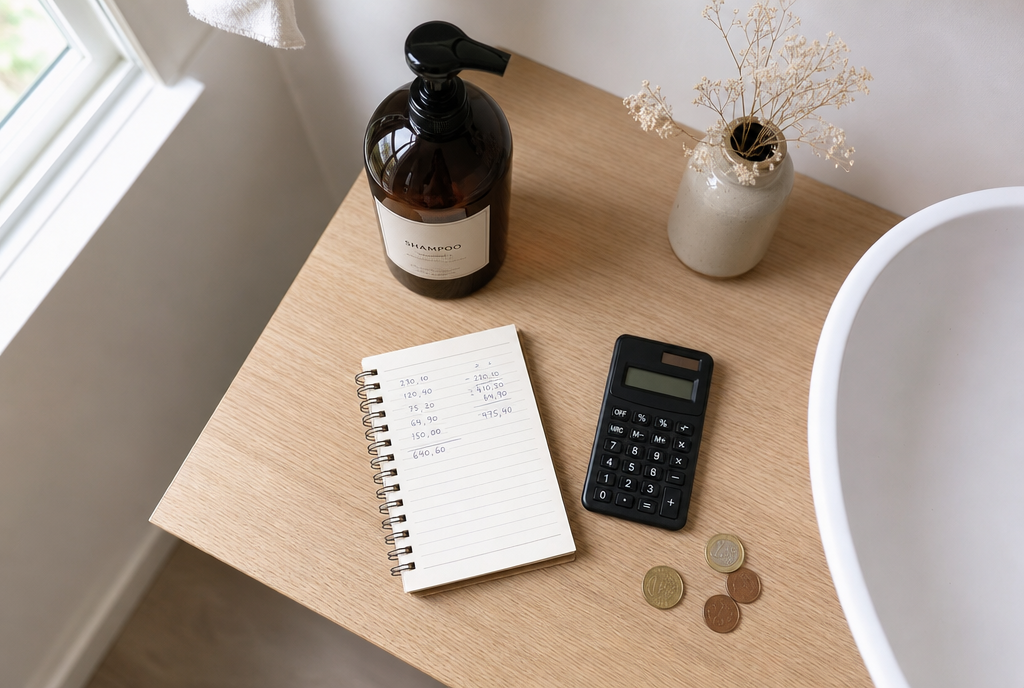 Flacon de shampoing colorant posé à côté d'un carnet de calcul et de pièces sur un plan de salle de bain clair