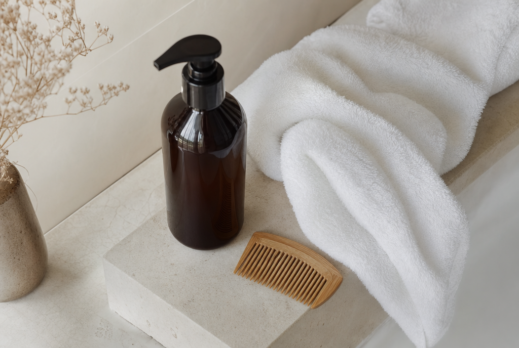 Flacon de shampoing colorant posé sur une étagère de salle de bain claire, avec serviette et peigne
