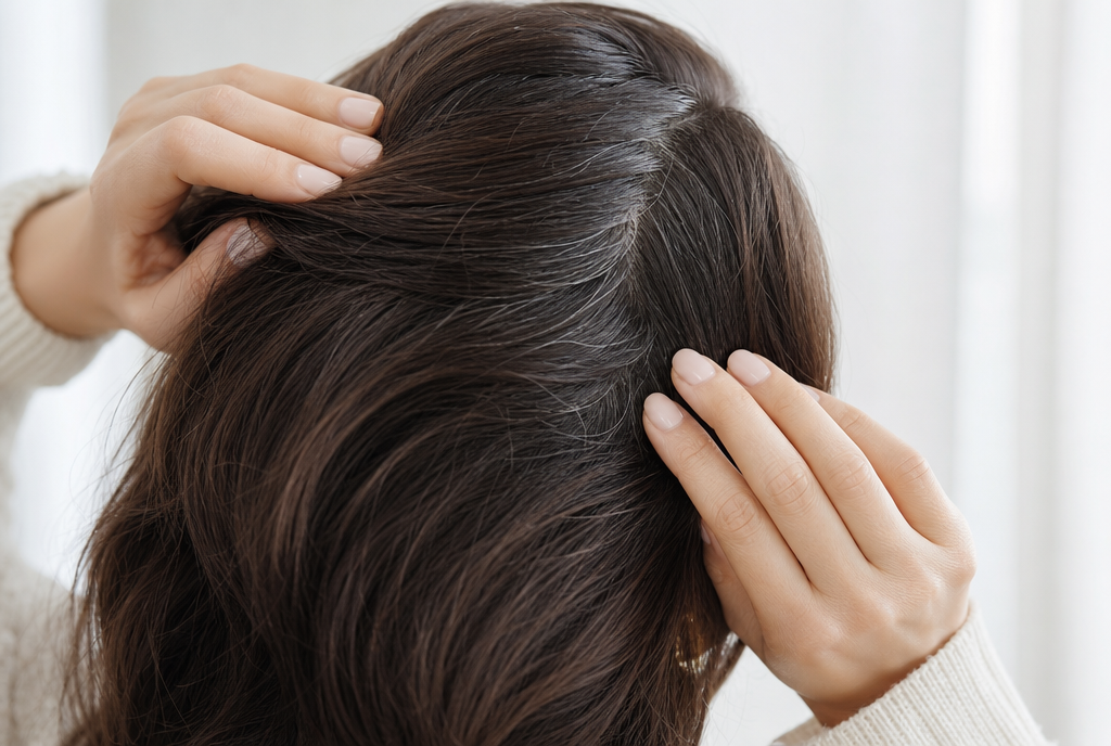 Cheveux bruns vus de dos avec quelques premiers cheveux blancs le long de la raie